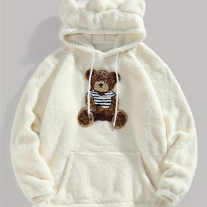 Men'S Cartoon Bear Double-Sided Fleece Long Sleeve Hoodie, Casual Pullover with Fun Ear Design, Kangaroo Pocket, Plush Texture, Perfect for Autumn and Winter, Ideal Gift