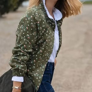 Plus Size - Plus Size - Plus Size, Women'S Oversized Vintage Floral Print Jacket - Olive Green with Red & White Floral Pattern, Structured Non-Stretch Fabric, Button Front & Side Pockets, Casual To Formal All-season Outerwear For Spring Summer Fall