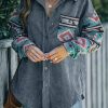 Plus Size, Aztec Pattern Sleeve Corduroy Plus Size Women’s Coat