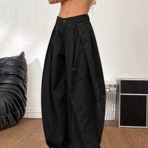 Ladies' Casual Elegant Loose Pants - Vintage Wide-Leg Cargo Pants with Pleated Design, Suitable for Everyday Dating in a Retro Hippie Street Style for All Seasons, Featuring Button And Zipper Details (Does Not Include Decorative Belt).