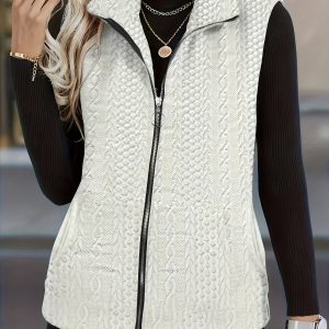 Plus Size, Women's Plus Size Fashion Elegant Style Sleeveless Zippered Pocket Open Front Vest Jacket for Autumn and Winter
