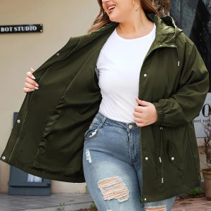 Plus Size - Plus Size - Women'S Plus Size Hooded Jacket - Elegant Casual Coat with Front Pockets, Long Sleeve Button-Up Design, Non-Stretch Fabric, Springu002FFall Outerwear for Everyday & Formal Events - Chic Office to, Lightweight Jacket For Women