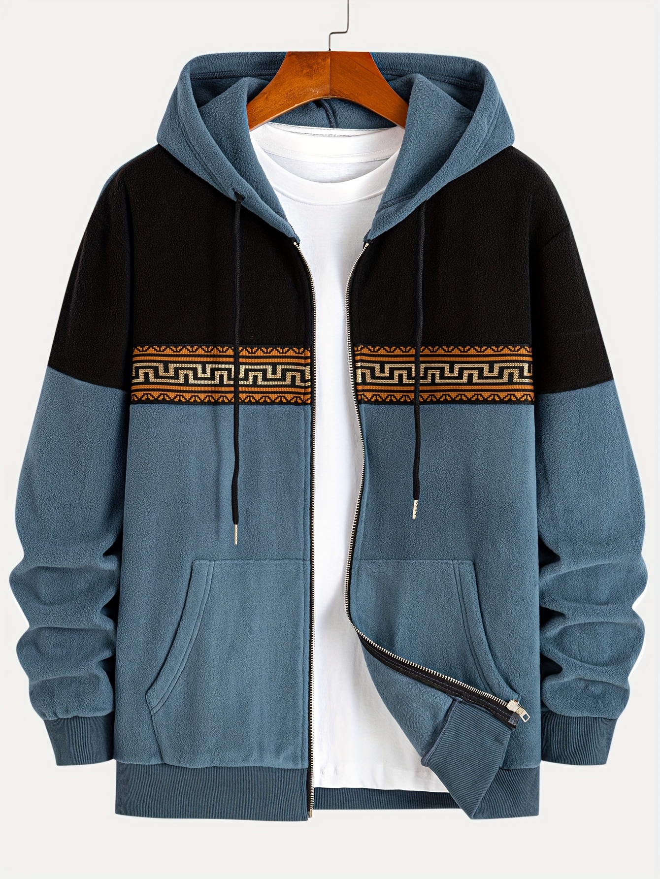 Men's Trendy Vintage Ethnic Weave Tape Fashion Color-Block Hooded Sweatshirt Warm Casual Hoodie Jacket