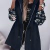 Plus Size, Women’s Plus Size Elegant Floral Print Jacket – Black with Zipper Front Closure, Long Sleeve Non-Stretch Coat, Mid-Length Formal & Casual Outerwear for Everyday Special Events, Ladies Jacket, Versatile Clothing, Sophisticated Design, Detailed Cuffs